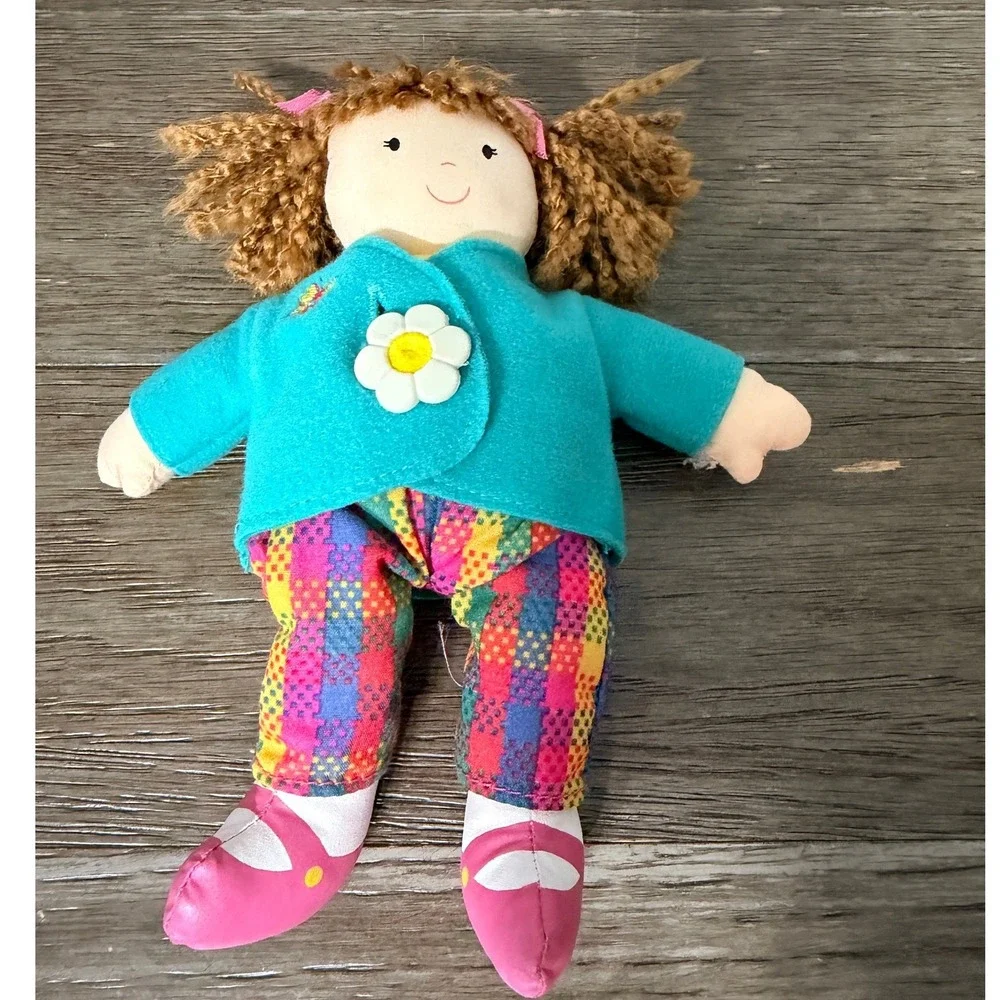 Vintage 90's Eden Rag Doll Plush  Teal Jacket Daisy Rainbow‎ Plaid Pants Toy